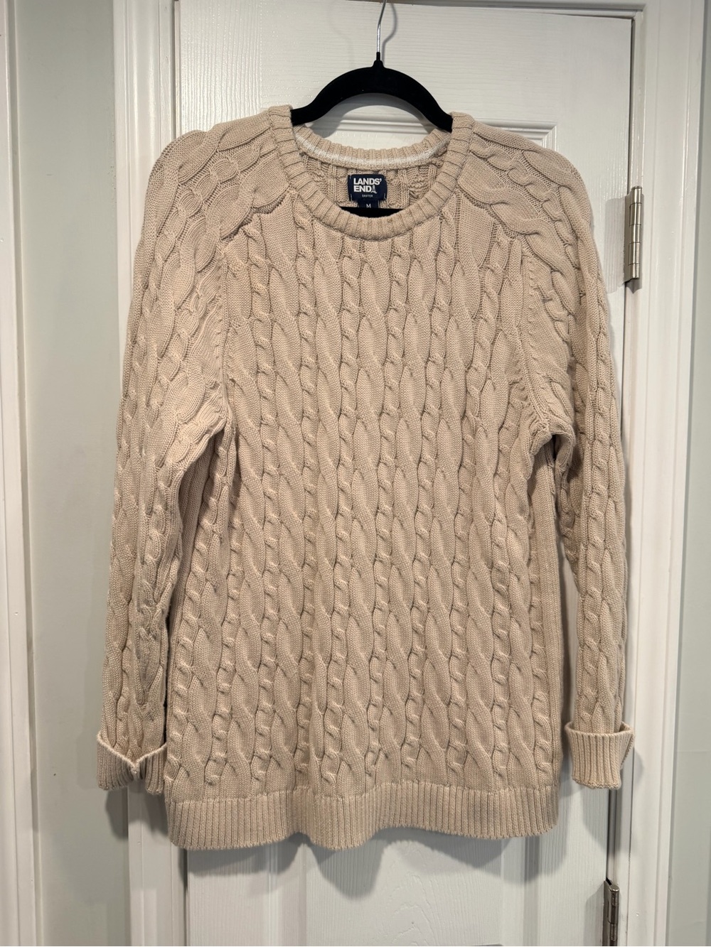 Lands’ End Size M Drifter Beige Cable Knit Crewneck Sweater 100% Cotton